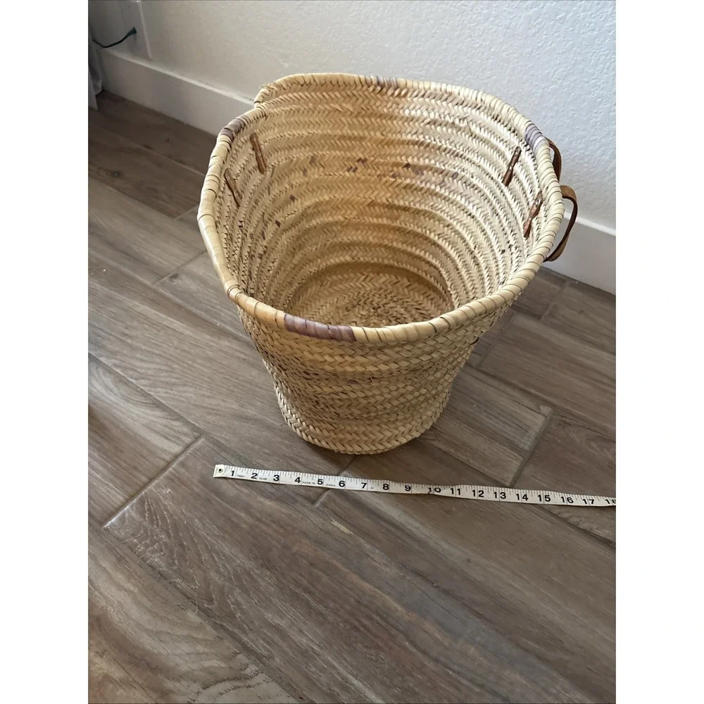 Handmade Woven Straw Market Basket with Brown Leather Handles Beach Shopping